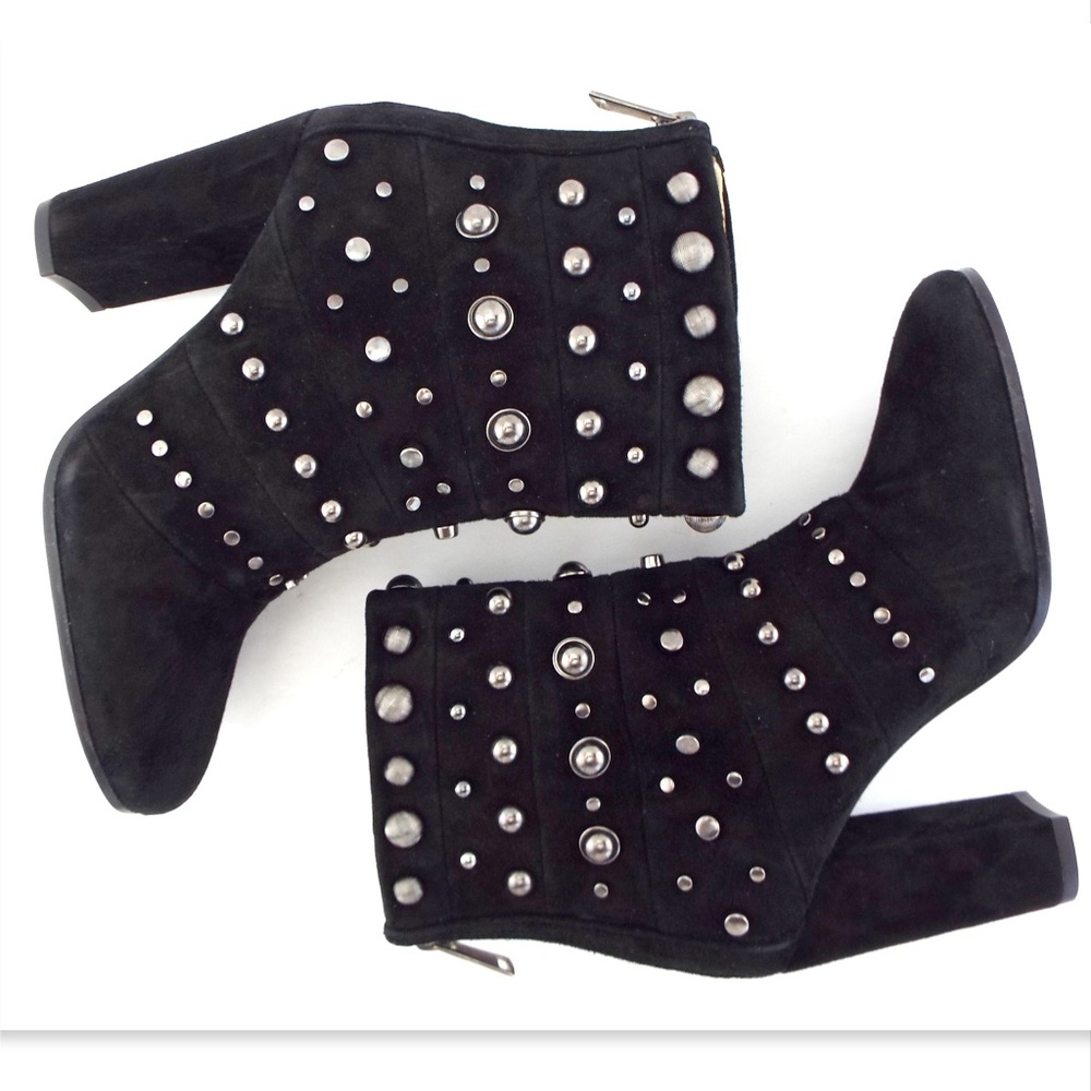 Unworn BADGLEY MISCHKA Stud Black Suede Leather Block Heel Ankle Boots Booties 6 - Picture 3 of 8